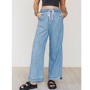 NWT Three Bird Nest So Comfy Wide Leg Denim Pants Large Blue Drawstring